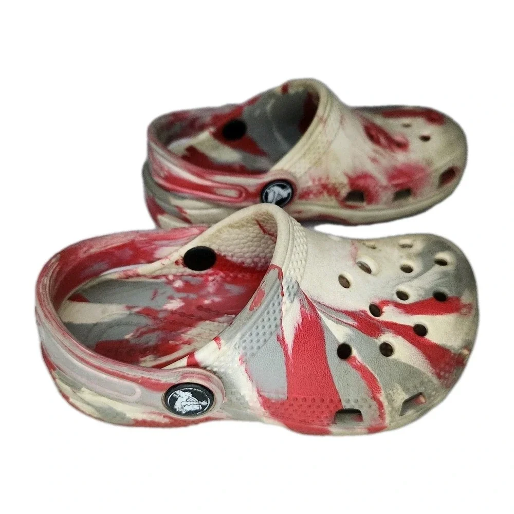CROCS Classic Marbled Clogs Red White Gray‎ Kids Shoes C9